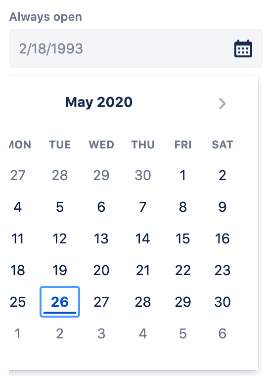open concept on a Datepicker component in Atlaskit.