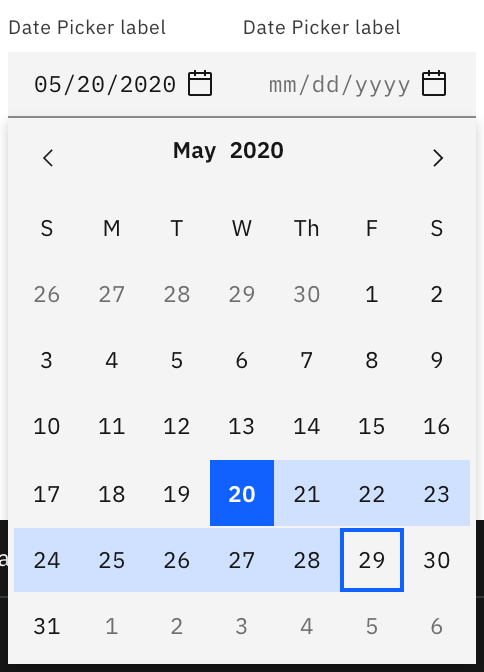 range selected concept on a Datepicker component in Carbon Design System.