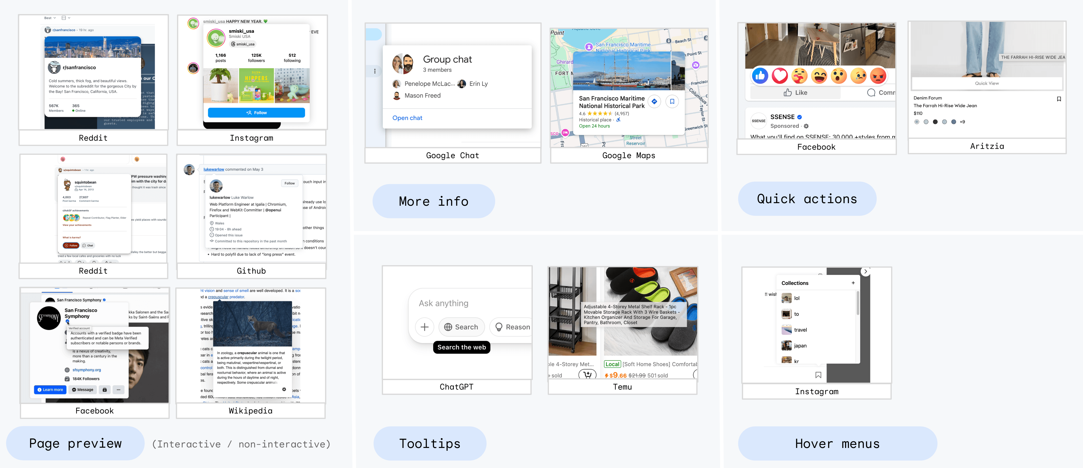 Series of screenshots covering examples of each of the mentioned common categories on Reddit, Instagram, Facebook, GitHub, Wikipedia, Google Chat, Google Maps, ChatGPT, Target and Aritzia