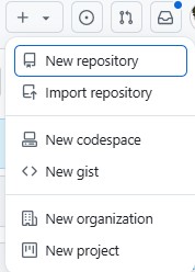 the create new button in github's top bar invokes a menulist to add new or import a repository, create a new codepace or gist, or make a new orginization or project.